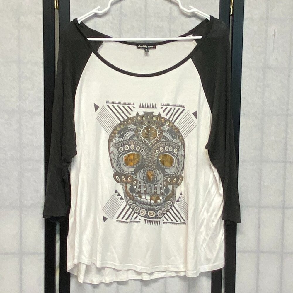 Charlotte Russe 1X Gold Sugar Skull Ringer Raglan Tee Make Love Not War Eyes